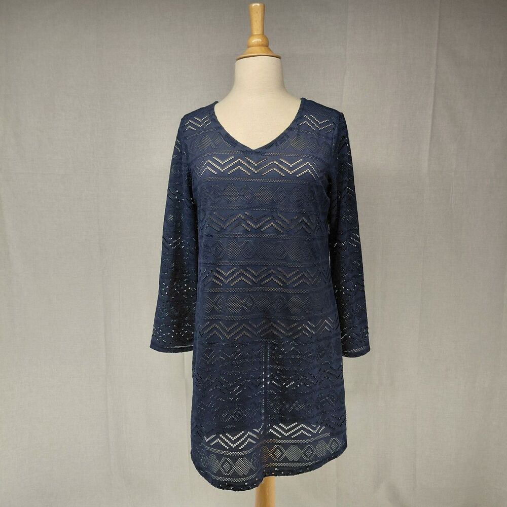 L.L. Bean LS V-Neck Knee Length Lace Swimsuit Coverup Dress Navy Sz S